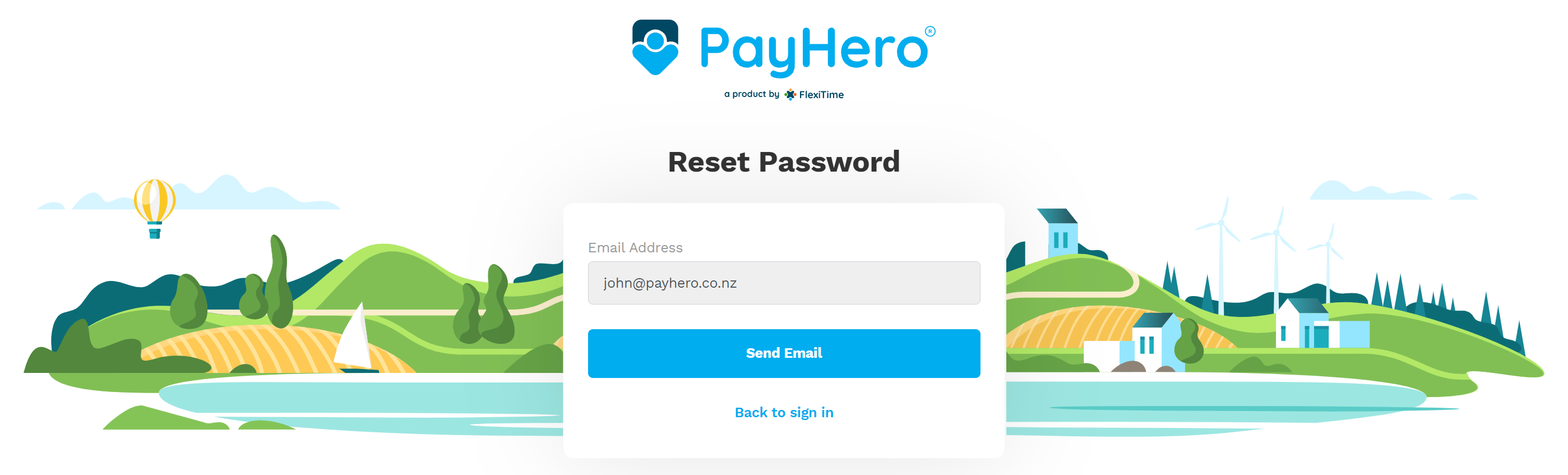 Password reset confirmation screen with Send Email button